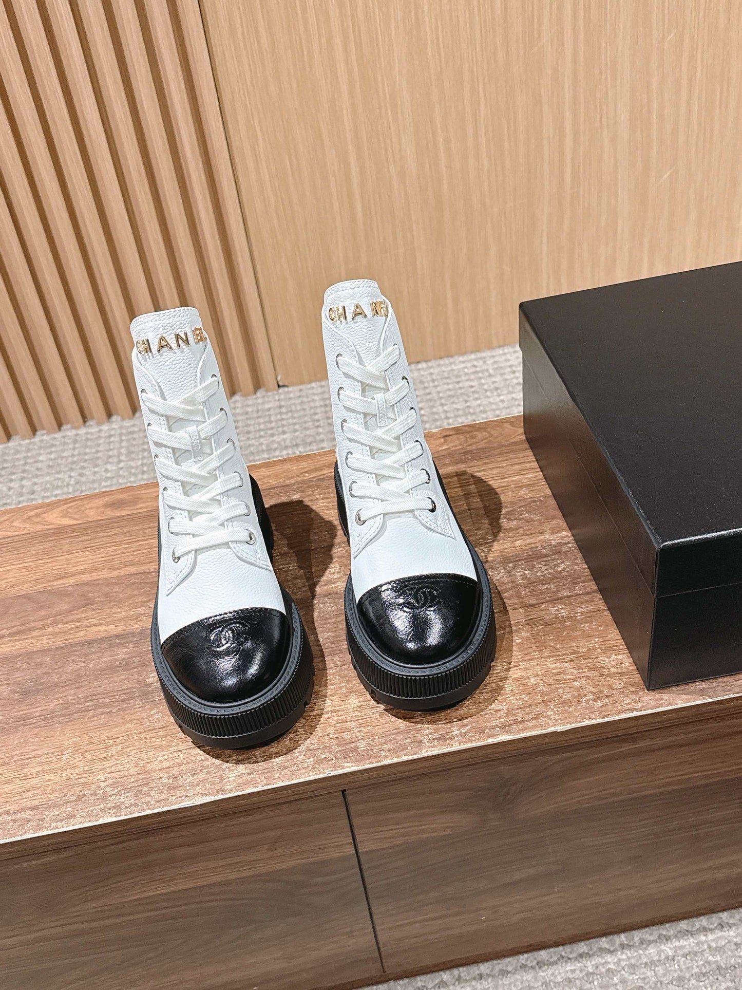 CHANEL Leather Thick-Sole Ankle Boots, White