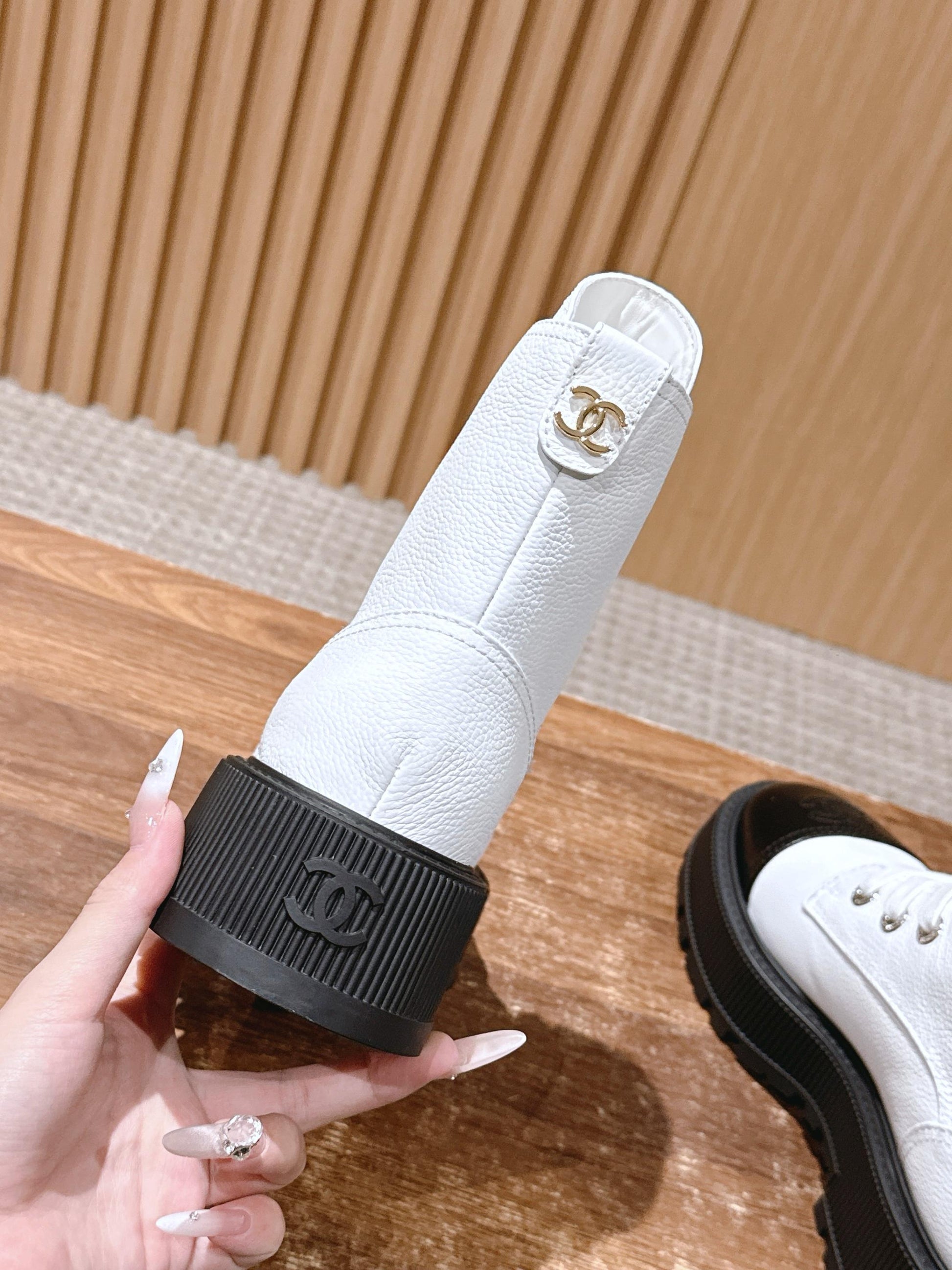 CHANEL Leather Thick-Sole Ankle Boots, White