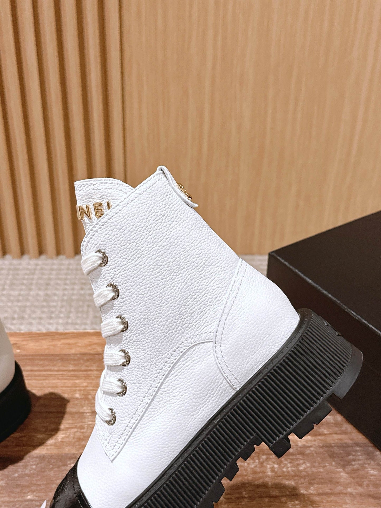 CHANEL Leather Thick-Sole Ankle Boots, White