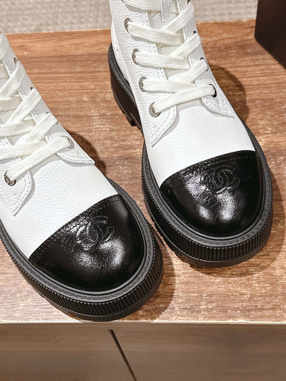 CHANEL Leather Thick-Sole Ankle Boots, White