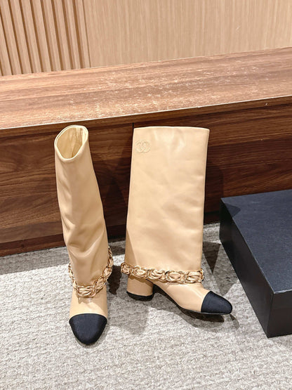 CHANEL Chanel New Chain Rider Boots, Beige