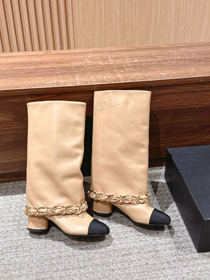 CHANEL Chanel New Chain Rider Boots, Beige