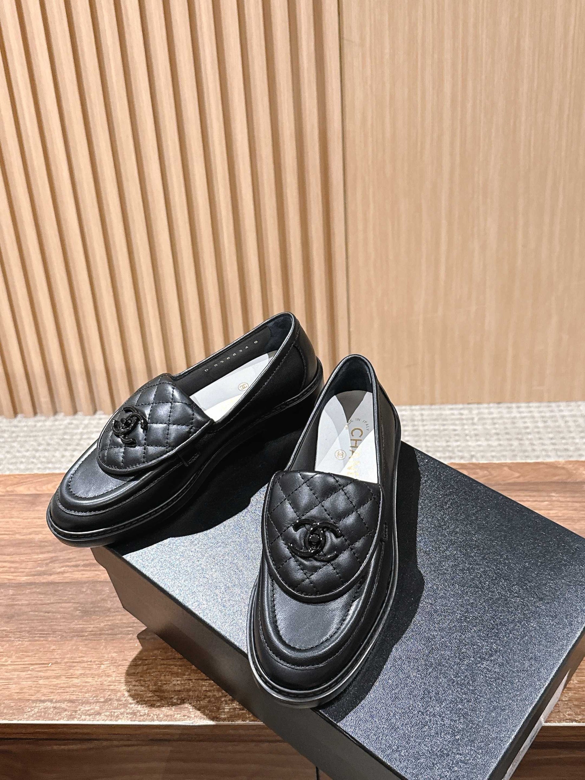 CHANEL Quilted Classic Vintage Sheepskin Loafers, Black