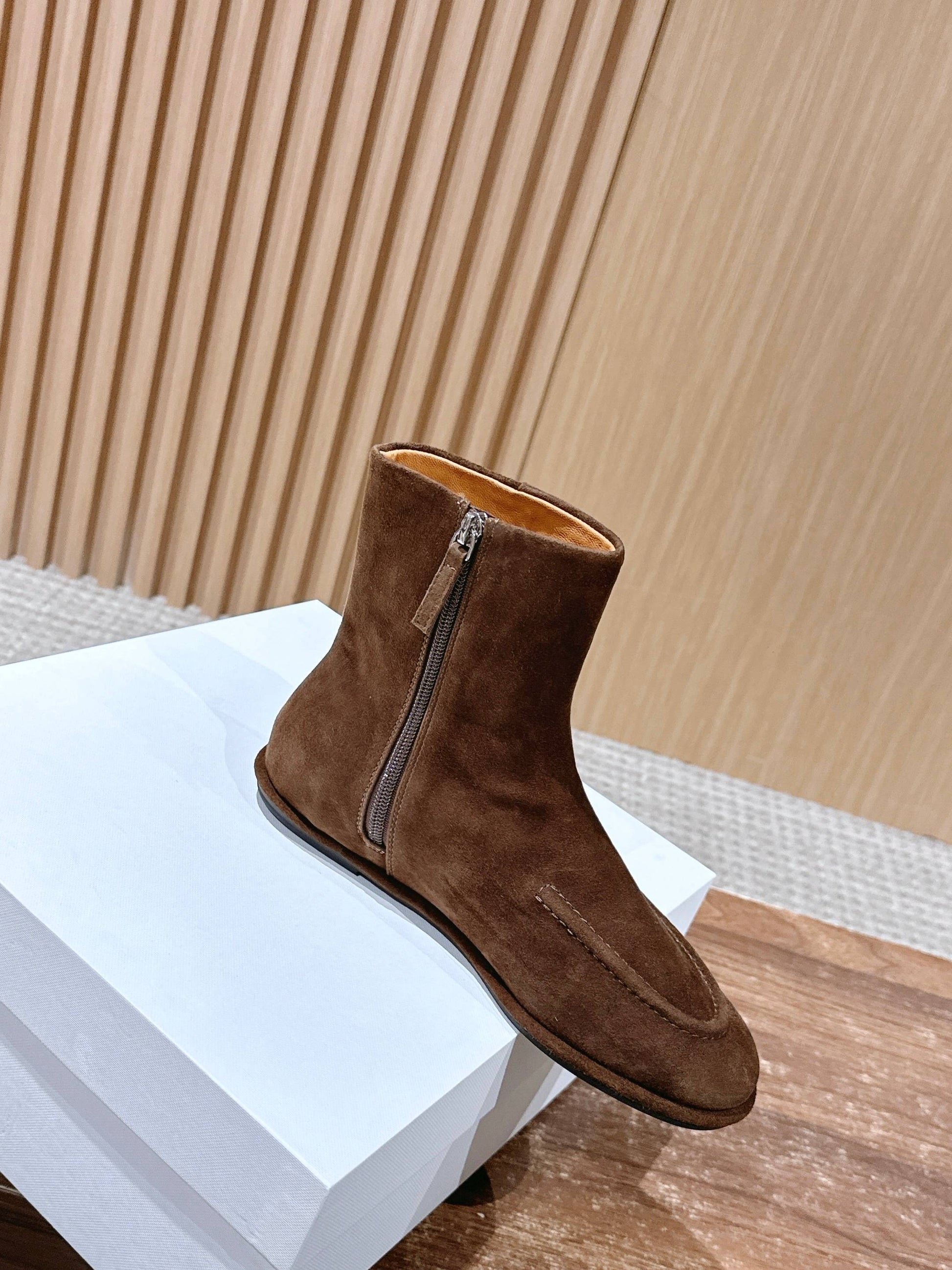 The Row Mid Calf Boots, Suede Brown