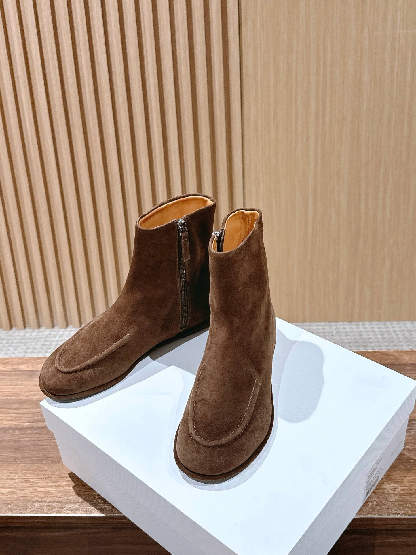 The Row Mid Calf Boots, Suede Brown