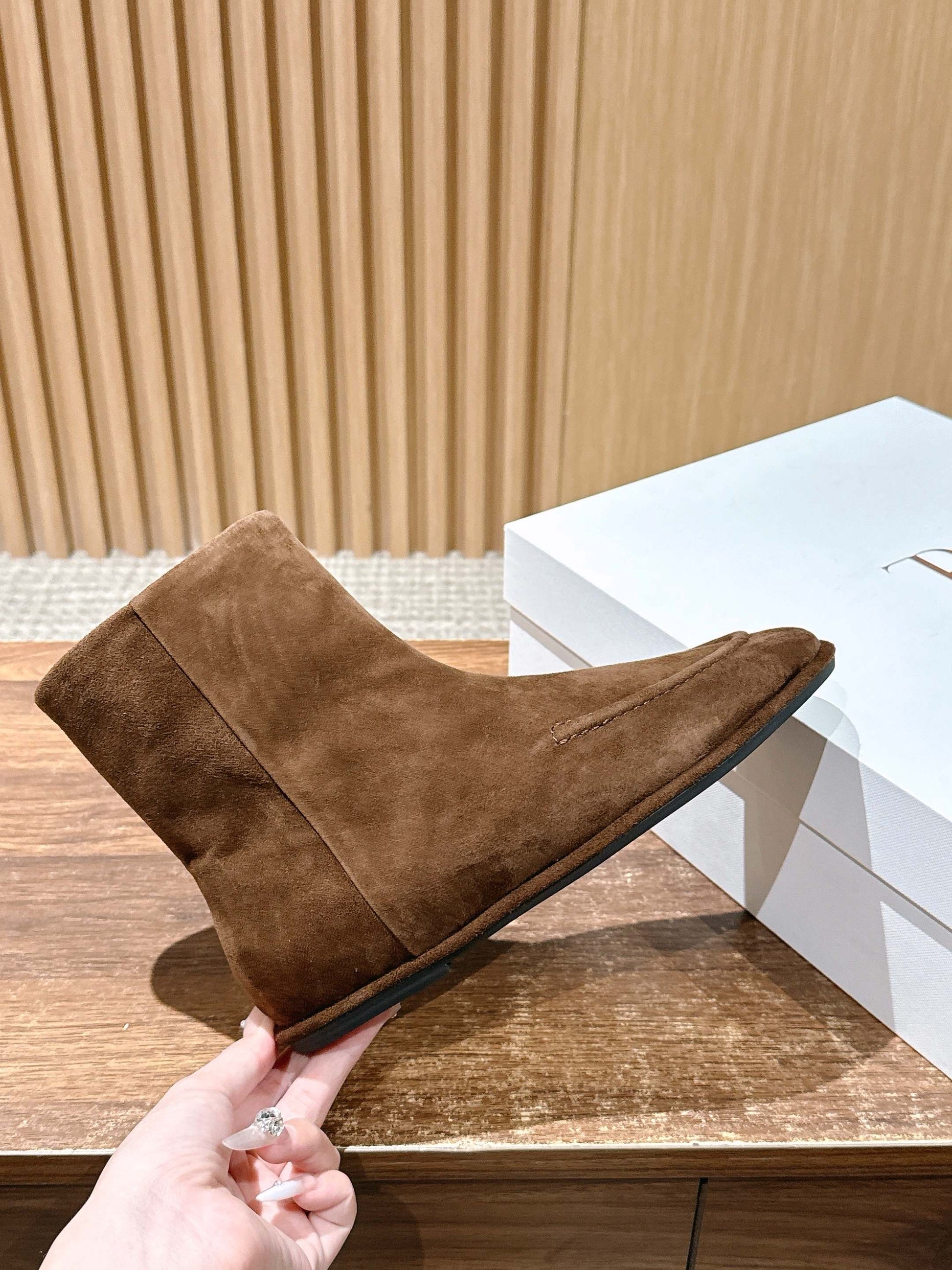 The Row Mid Calf Boots, Suede Brown