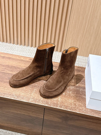 The Row Mid Calf Boots, Suede Brown