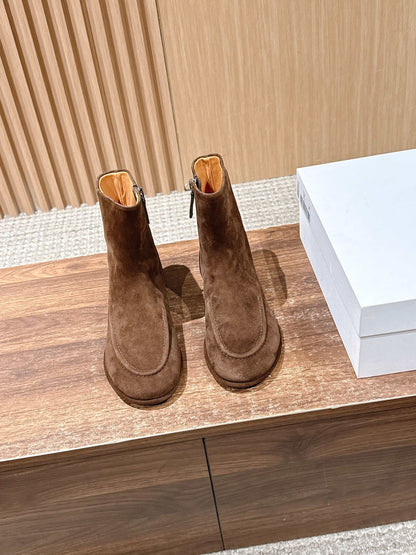 The Row Mid Calf Boots, Suede Brown