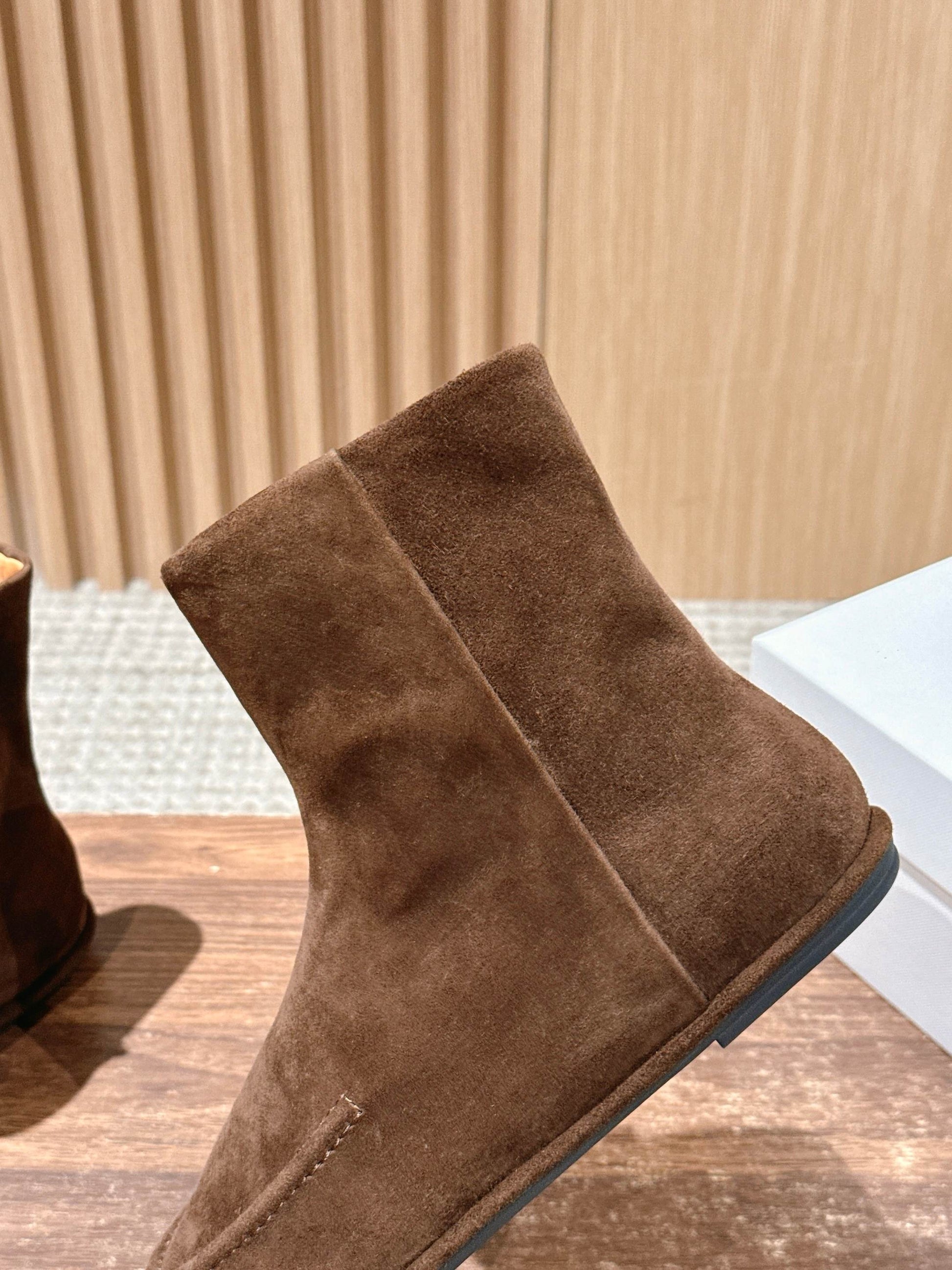 The Row Mid Calf Boots, Suede Brown