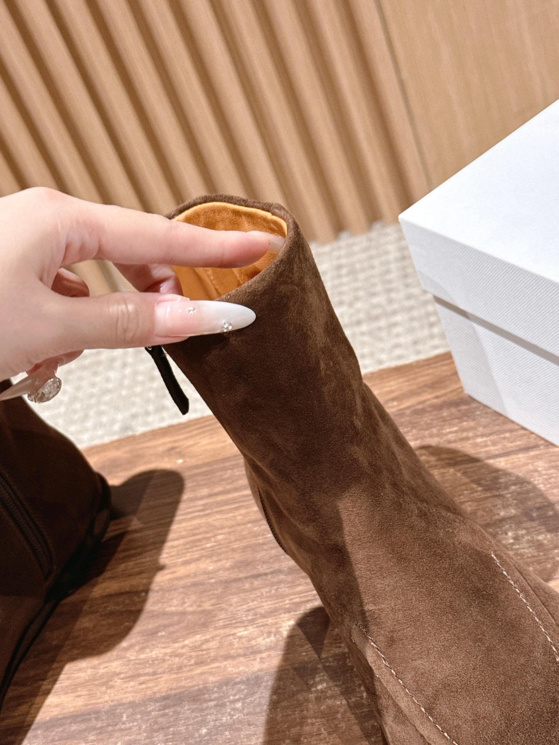 The Row Mid Calf Boots, Suede Brown