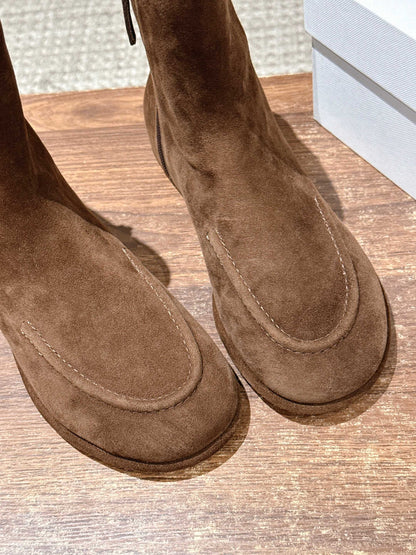 The Row Mid Calf Boots, Suede Brown