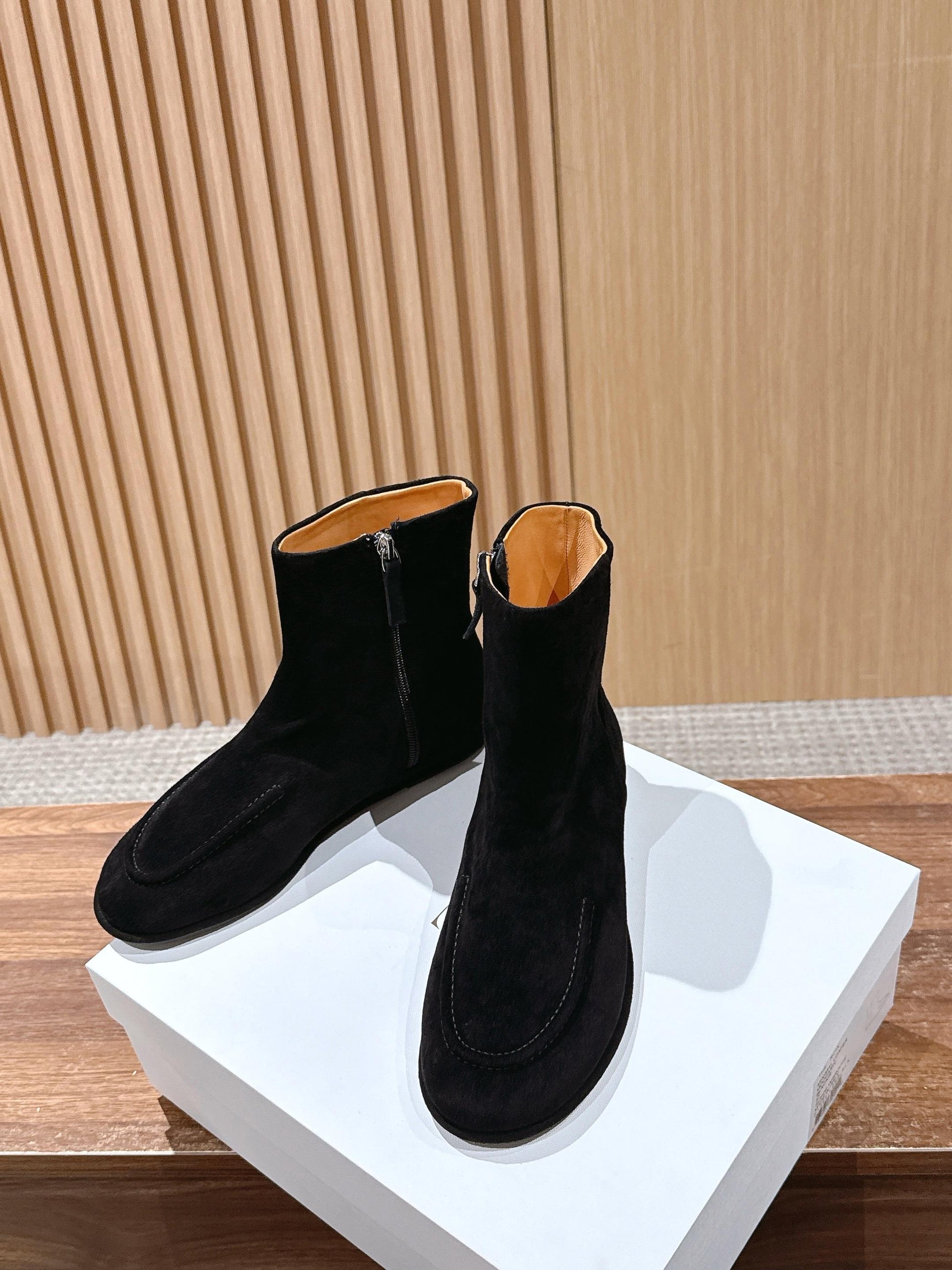 The Row Mid Calf Boots, Suede Black