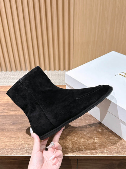 The Row Mid Calf Boots, Suede Black