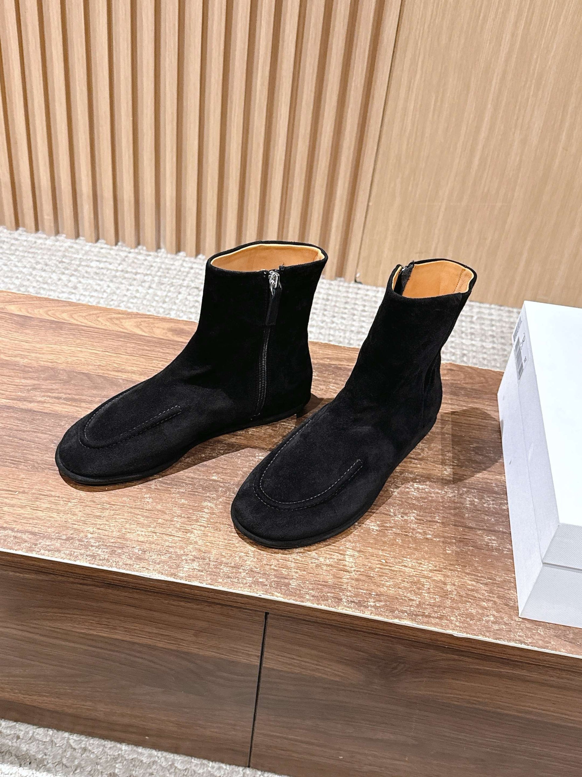 The Row Mid Calf Boots, Suede Black