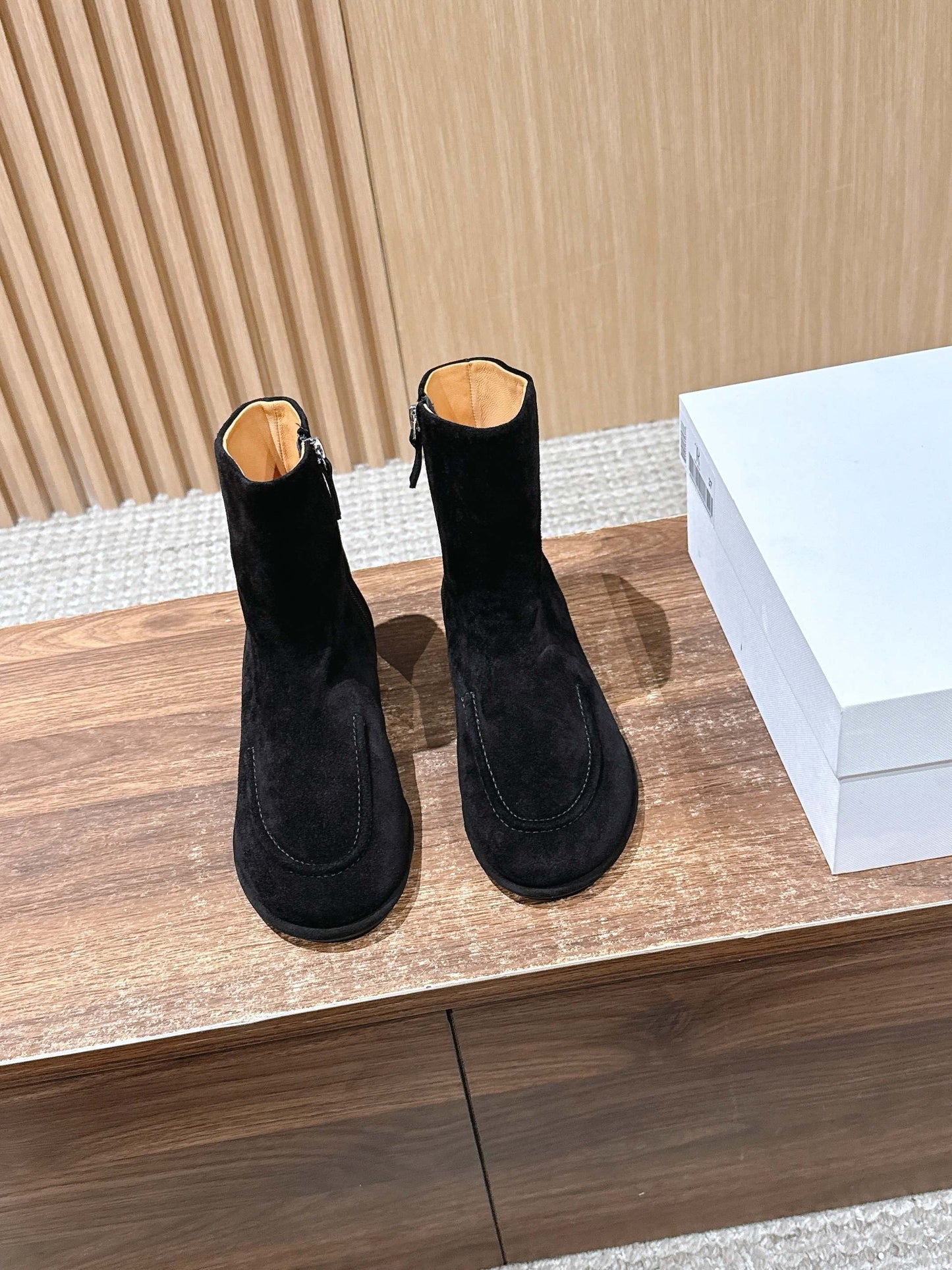 The Row Mid Calf Boots, Suede Black