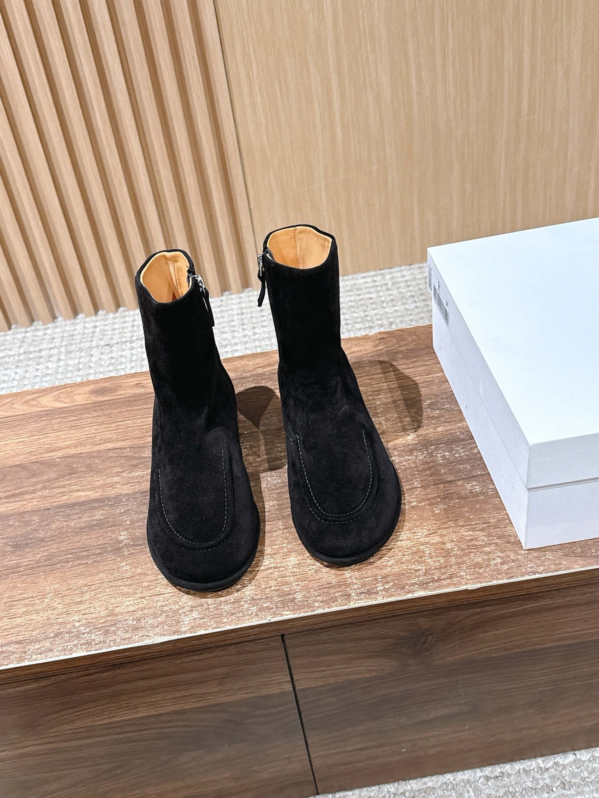 The Row Mid Calf Boots, Suede Black