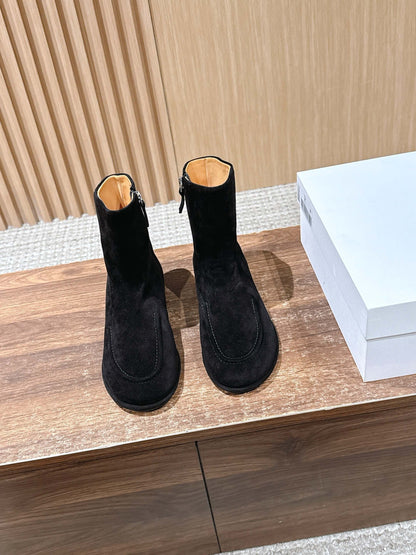 The Row Mid Calf Boots, Suede Black