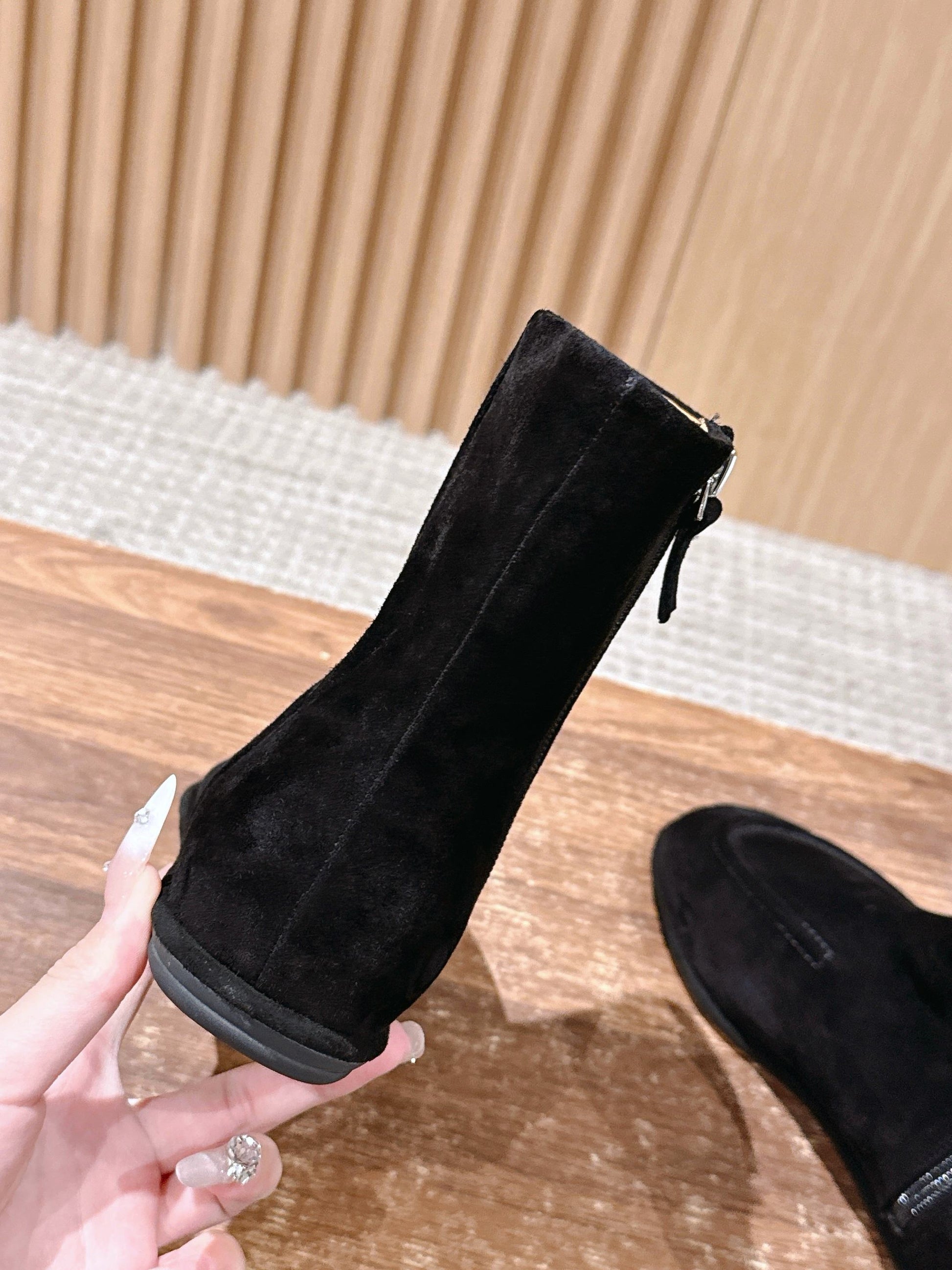 The Row Mid Calf Boots, Suede Black