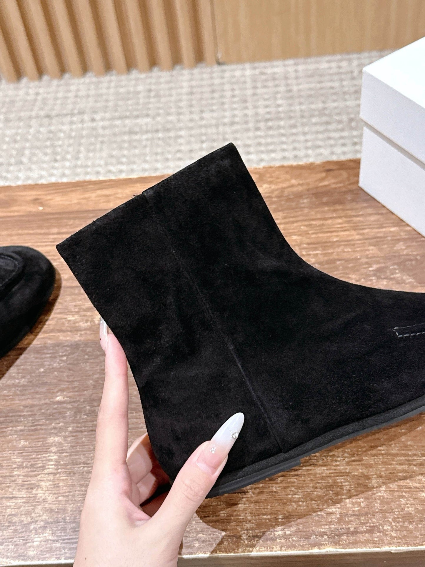 The Row Mid Calf Boots, Suede Black