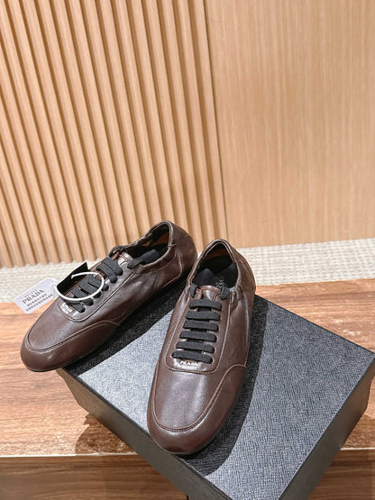 PRADA Leather Thin-Sole Casual Sneakers, Brown