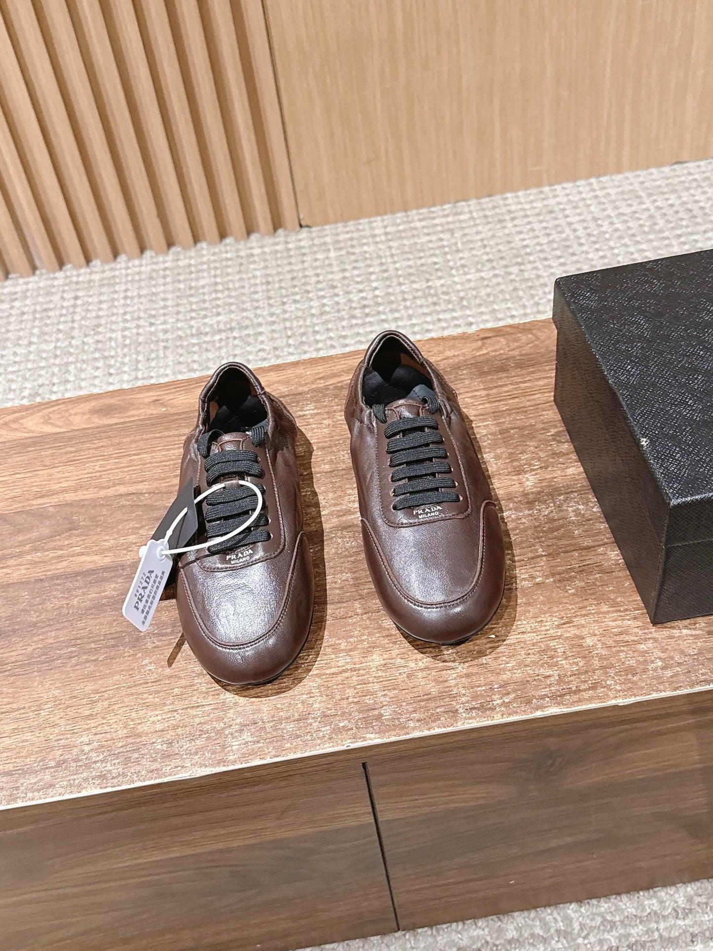 PRADA Leather Thin-Sole Casual Sneakers, Brown