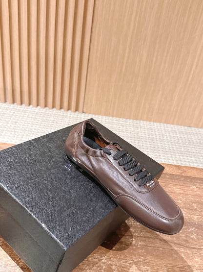PRADA Leather Thin-Sole Casual Sneakers, Brown