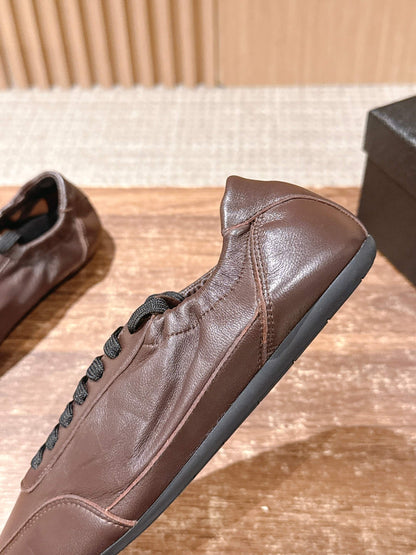 PRADA Leather Thin-Sole Casual Sneakers, Brown