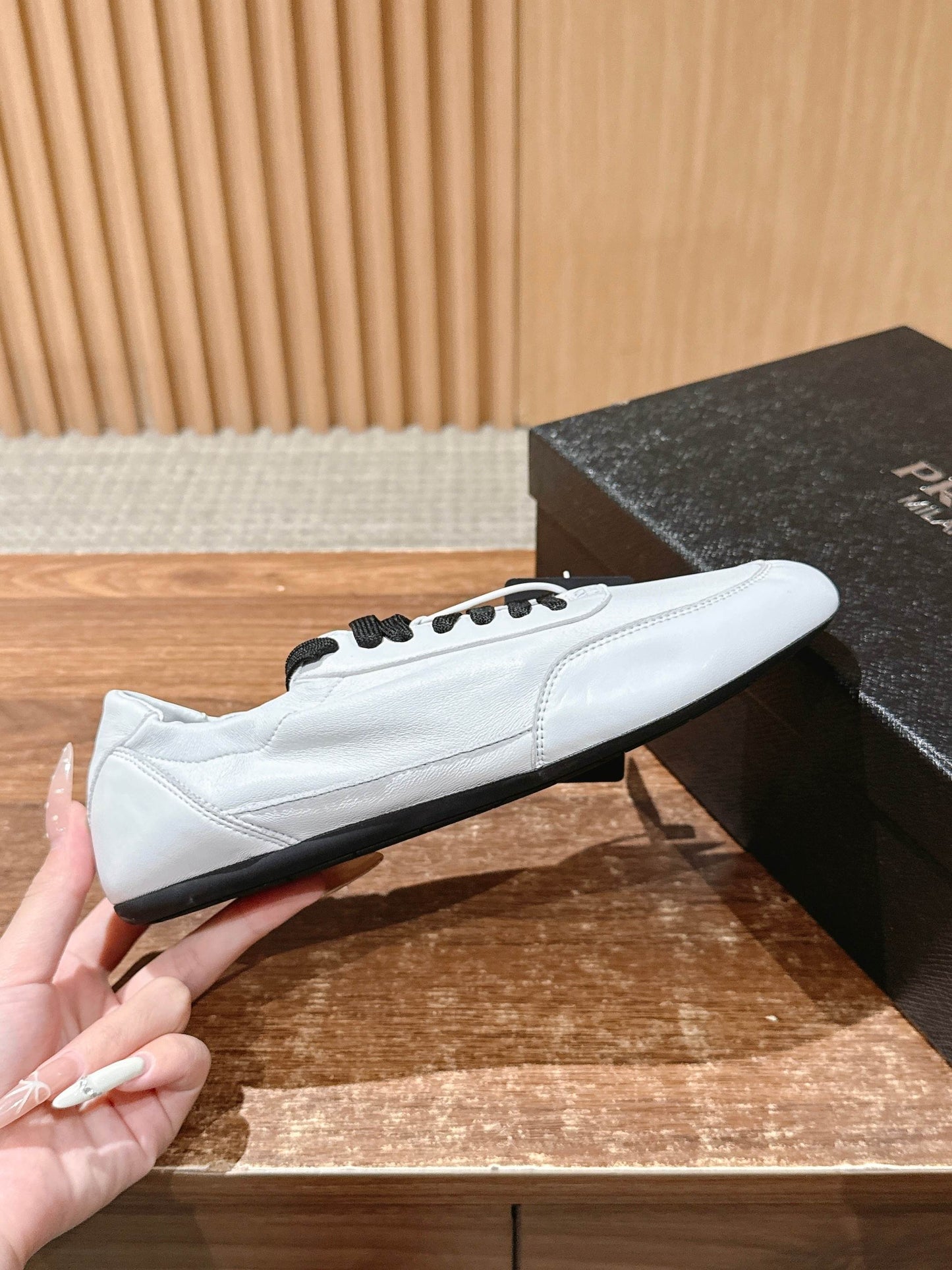 PRADA Leather Thin-Sole Casual Sneakers, White