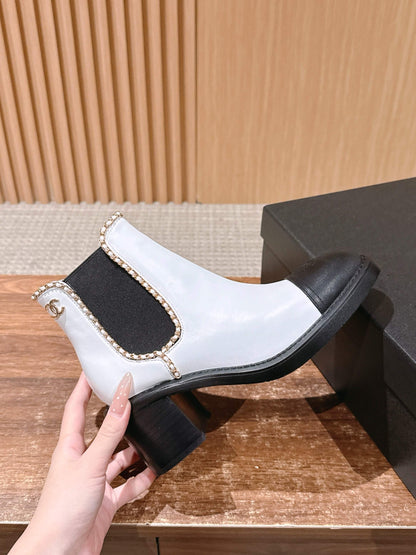 Chanel New Panelled-Chain Block-Heel Ankle Boots, White