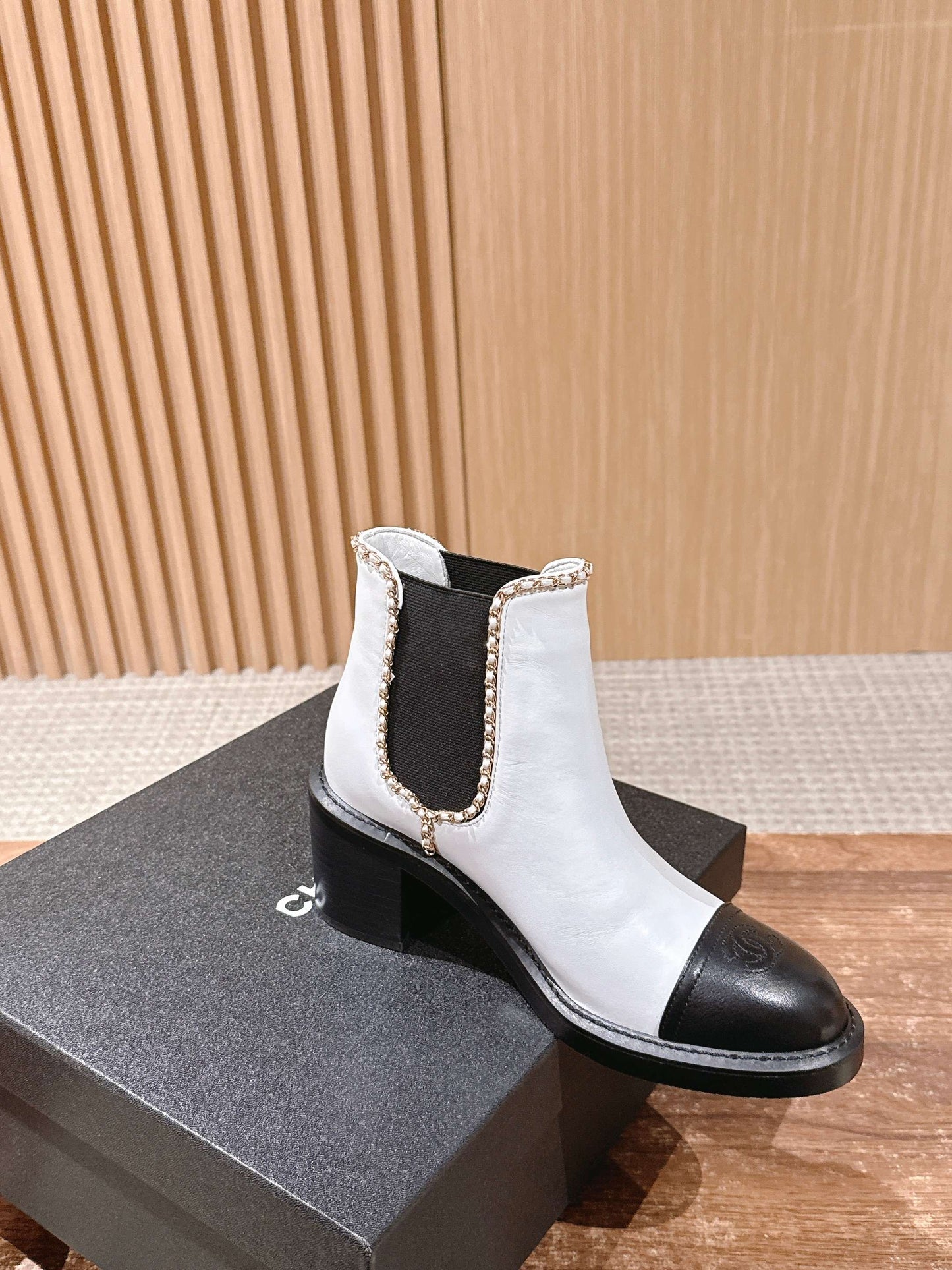 Chanel New Panelled-Chain Block-Heel Ankle Boots, White