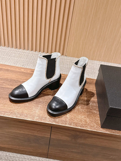 Chanel New Panelled-Chain Block-Heel Ankle Boots, White