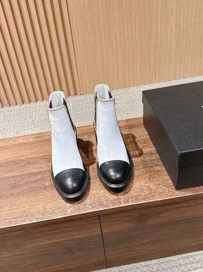 Chanel New Panelled-Chain Block-Heel Ankle Boots, White