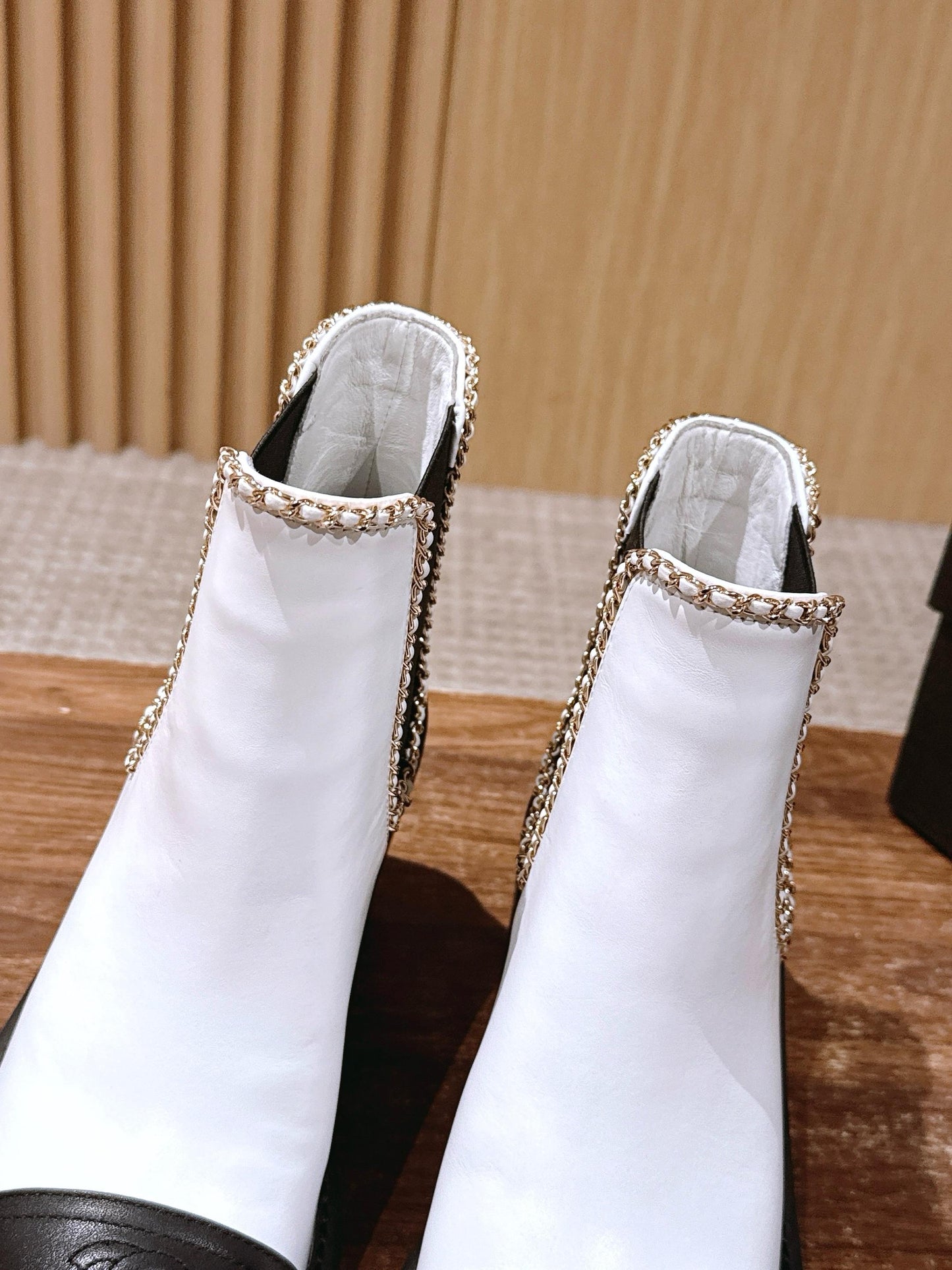 Chanel New Panelled-Chain Block-Heel Ankle Boots, White