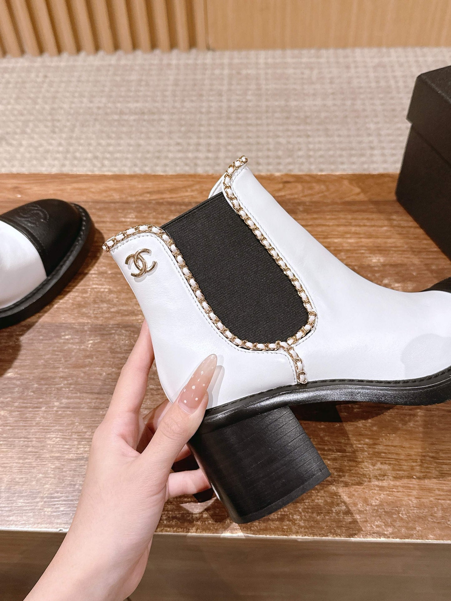 Chanel New Panelled-Chain Block-Heel Ankle Boots, White