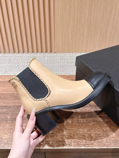 Chanel New Panelled-Chain Block-Heel Ankle Boots, Beige