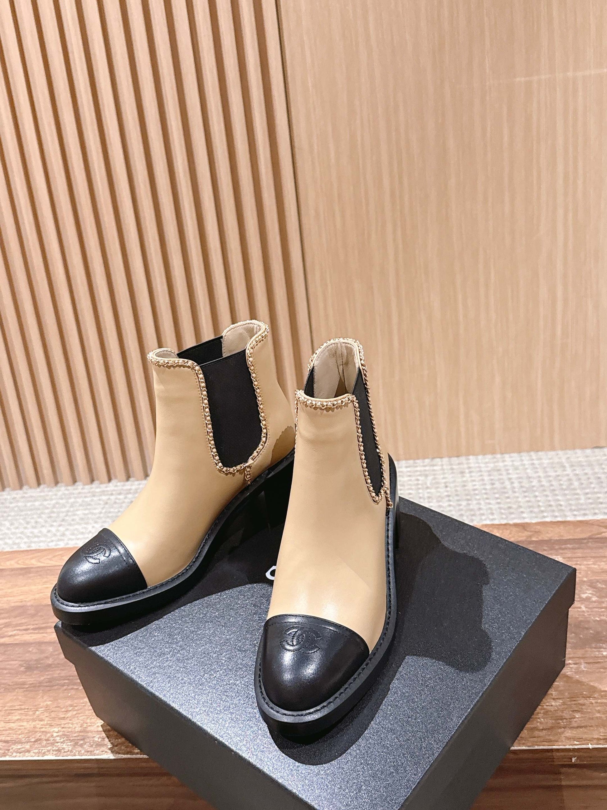 Chanel New Panelled-Chain Block-Heel Ankle Boots, Beige