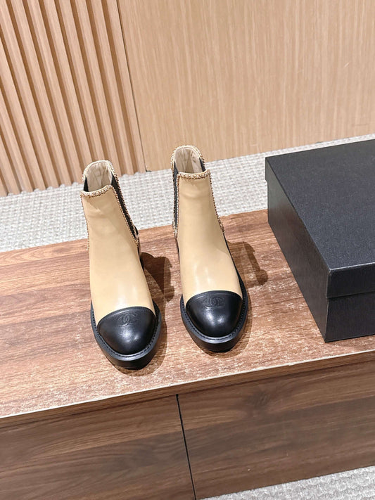 Chanel New Panelled-Chain Block-Heel Ankle Boots, Beige