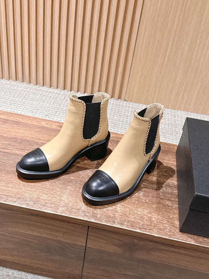 Chanel New Panelled-Chain Block-Heel Ankle Boots, Beige