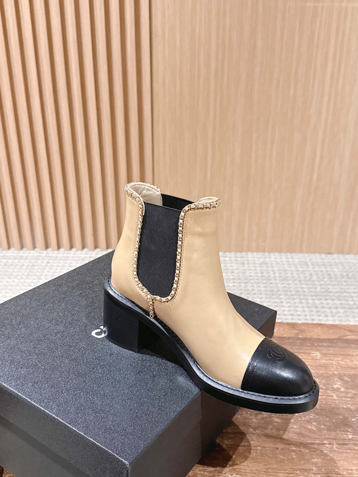 Chanel New Panelled-Chain Block-Heel Ankle Boots, Beige