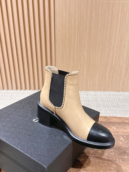 Chanel New Panelled-Chain Block-Heel Ankle Boots, Beige