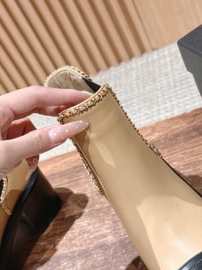 Chanel New Panelled-Chain Block-Heel Ankle Boots, Beige