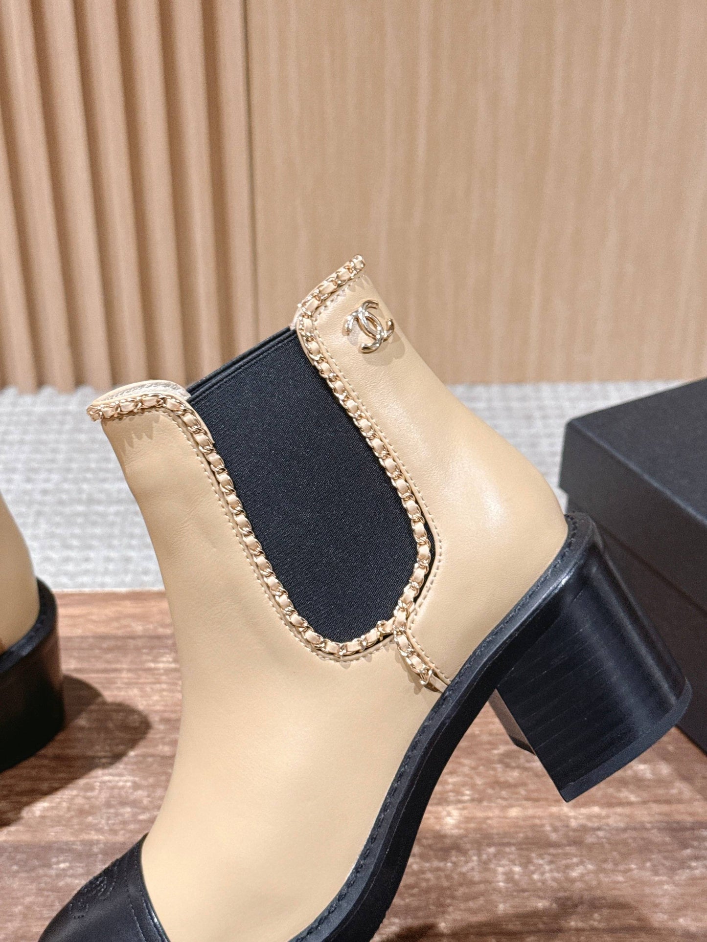 Chanel New Panelled-Chain Block-Heel Ankle Boots, Beige