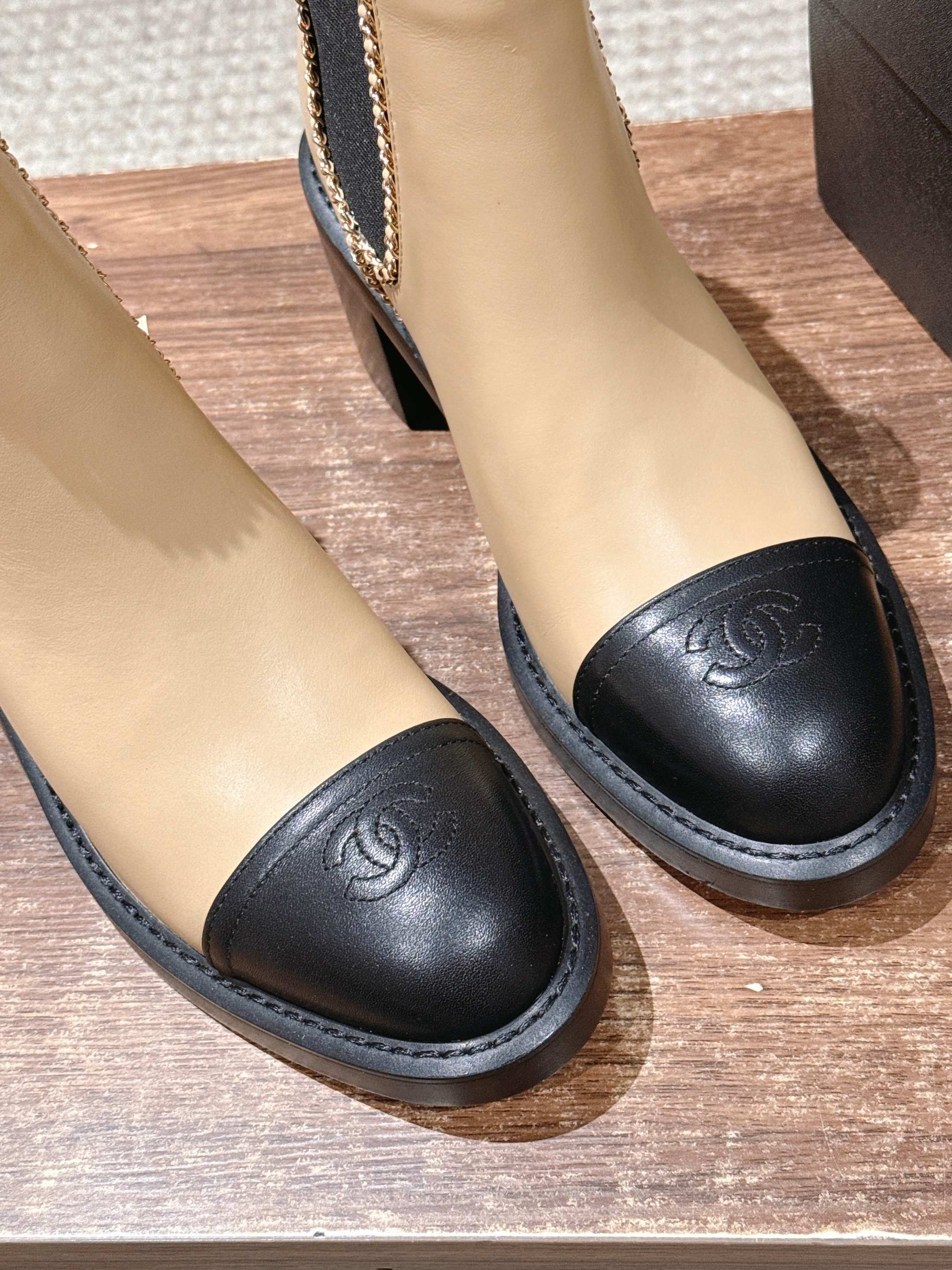 Chanel New Panelled-Chain Block-Heel Ankle Boots, Beige