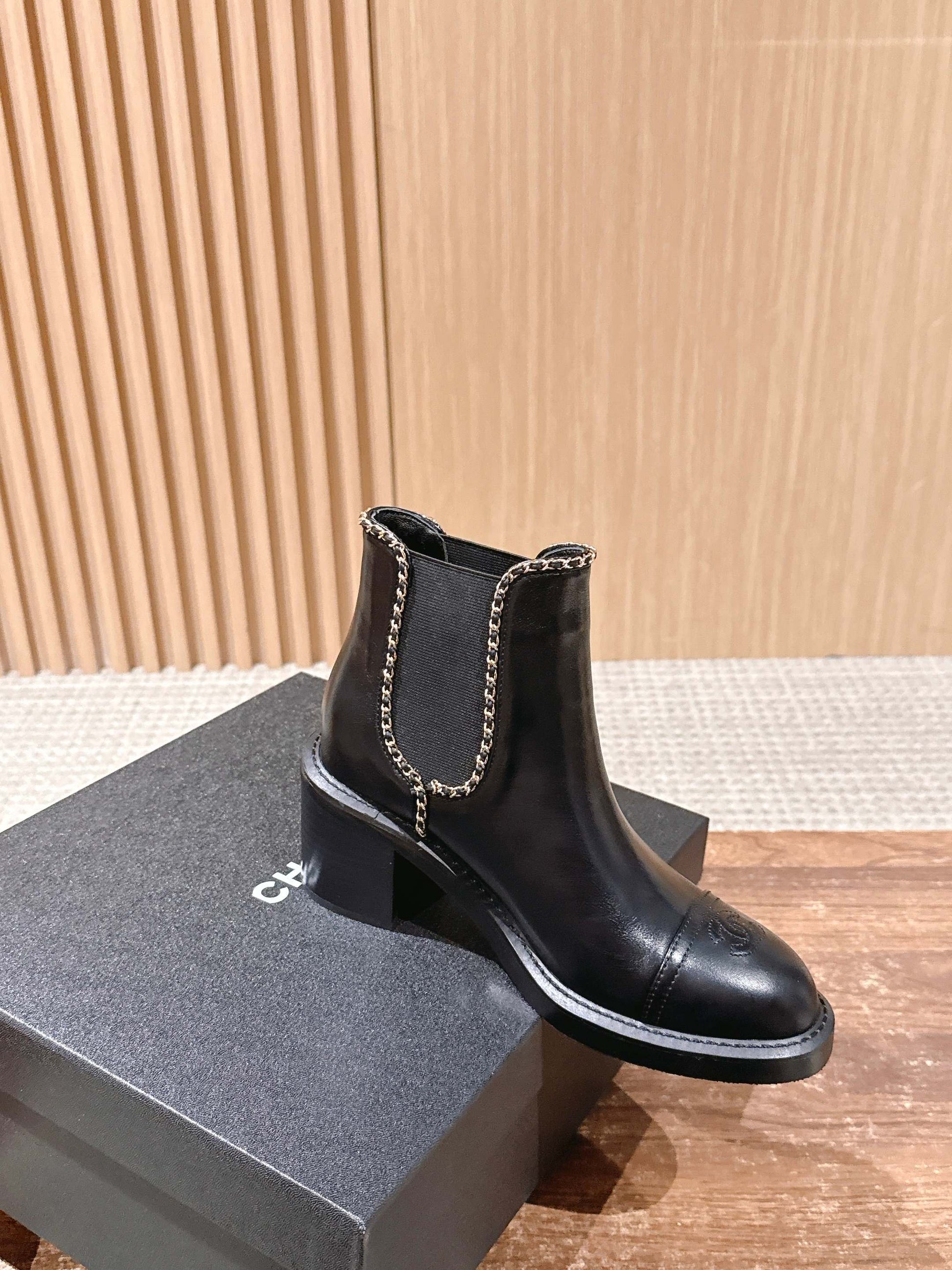 Chanel New Panelled-Chain Block-Heel Ankle Boots, Black