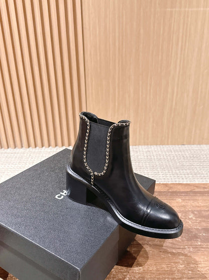 Chanel New Panelled-Chain Block-Heel Ankle Boots, Black