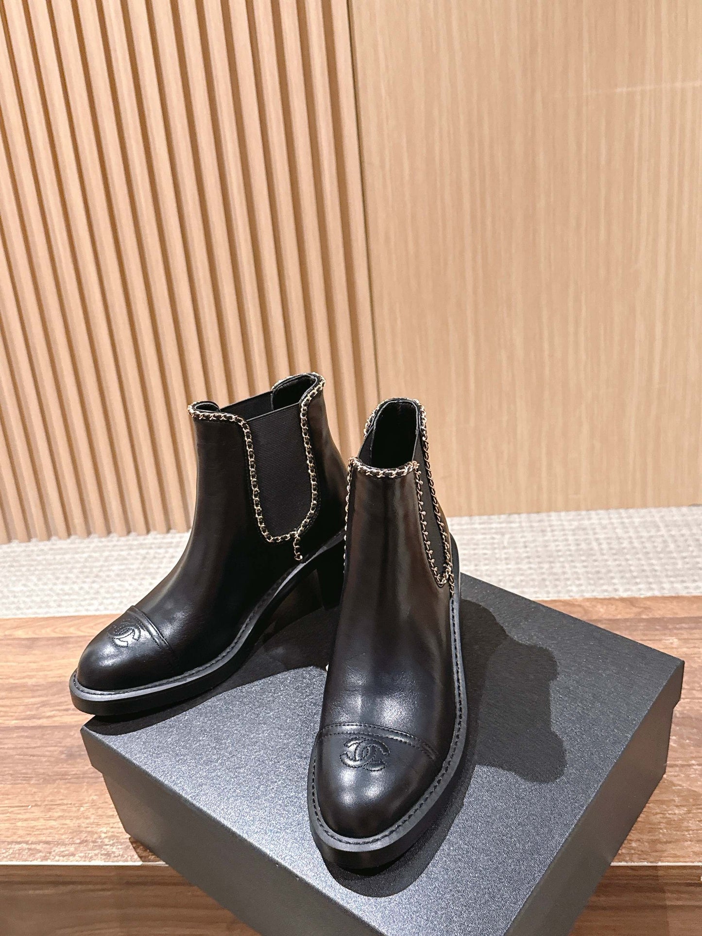 Chanel New Panelled-Chain Block-Heel Ankle Boots, Black