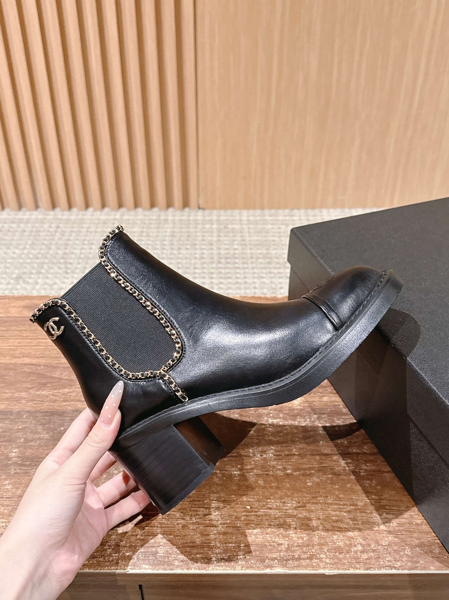 Chanel New Panelled-Chain Block-Heel Ankle Boots, Black