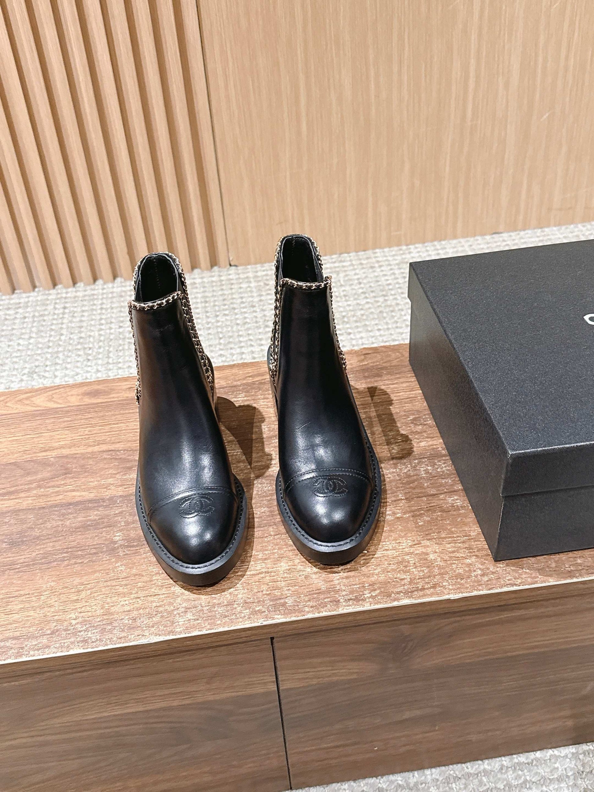 Chanel New Panelled-Chain Block-Heel Ankle Boots, Black