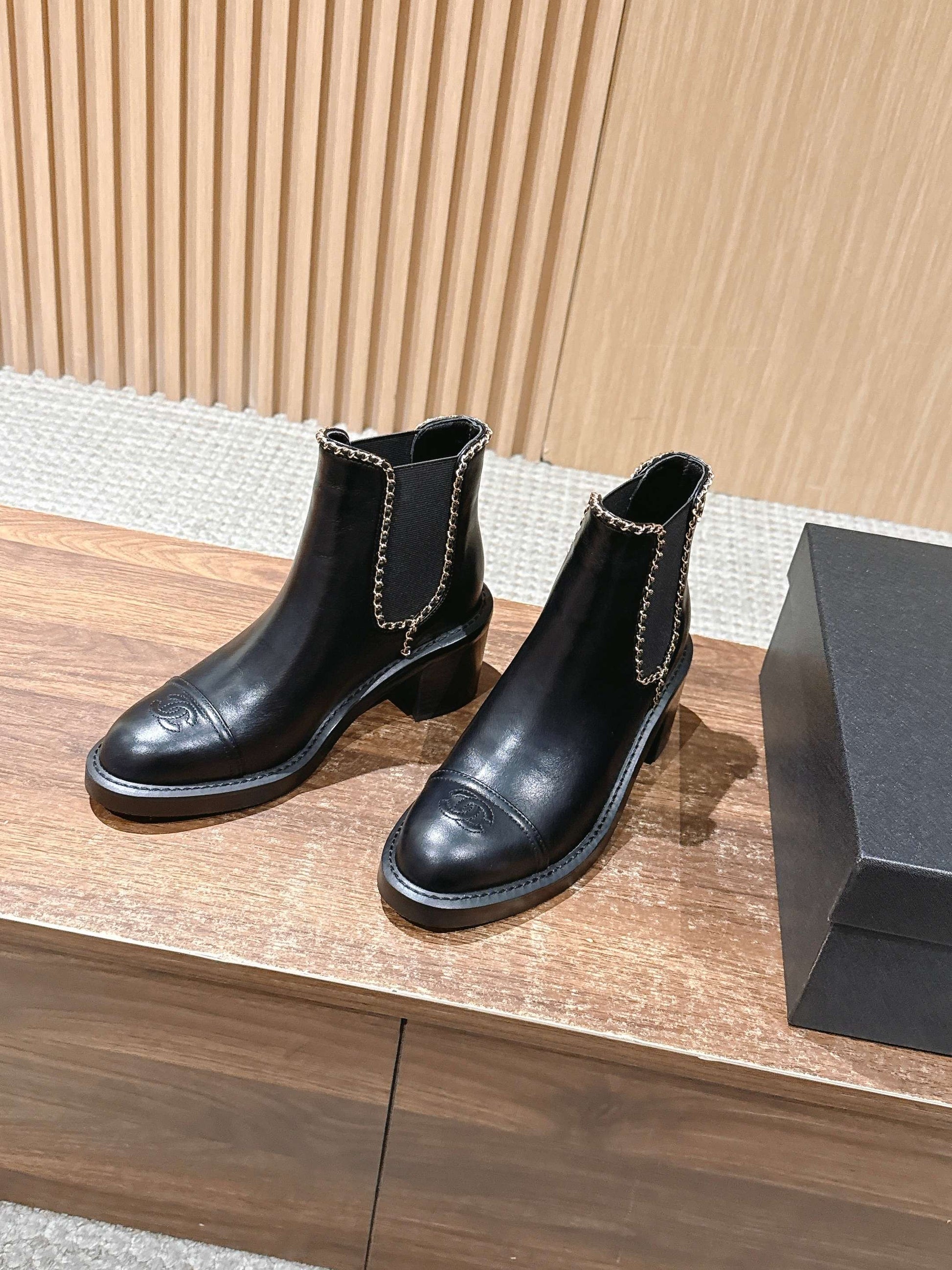 Chanel New Panelled-Chain Block-Heel Ankle Boots, Black