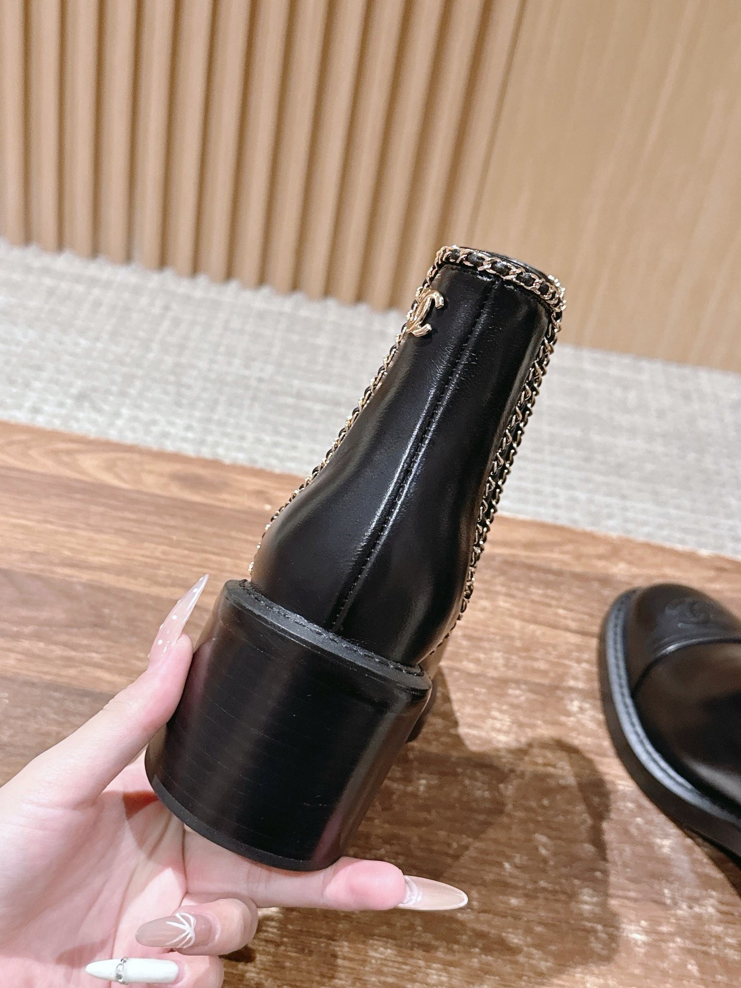 Chanel New Panelled-Chain Block-Heel Ankle Boots, Black